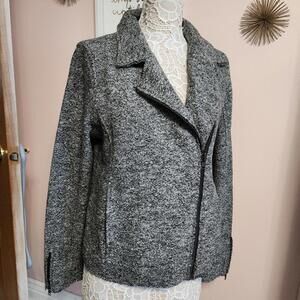 NWT Tahari Wool Blend gray black moto style sweater jacket Large